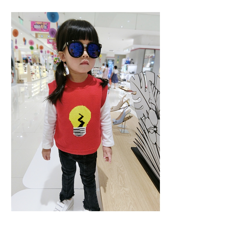 Детска жилетка за момичета с О-образна яка, в черен, червен, розов и жълт цвят с изображение