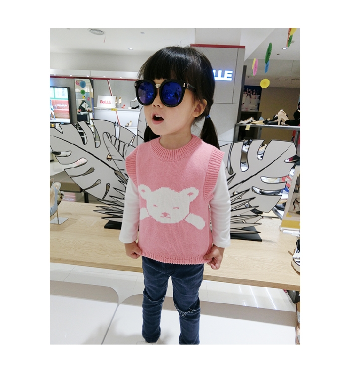 Детска жилетка за момичета с О-образна яка, в черен, червен, розов и жълт цвят с изображение