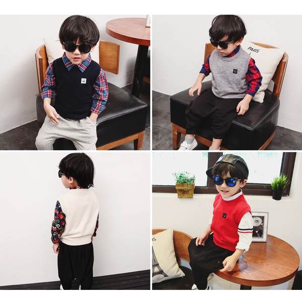 Детска жилетка за момчета в сив, черен, червен, тъмносин и бял цвят с О-образно деколте