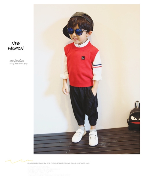 Детска жилетка за момчета в сив, черен, червен, тъмносин и бял цвят с О-образно деколте