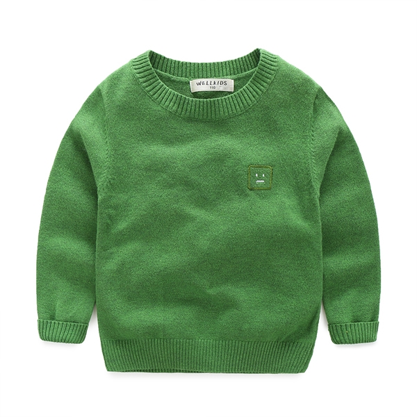 Изчистен дебел пуловер за момчета и момичета в зелен, бежов, сив и син цвят с О-образно деколте