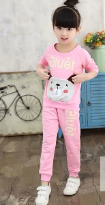 Παιδικό  κοστούμι για κορίτσια σε ροζ και κυκλικό χρώμα σε δύο μέρη - μπλούζα και παντελόνι