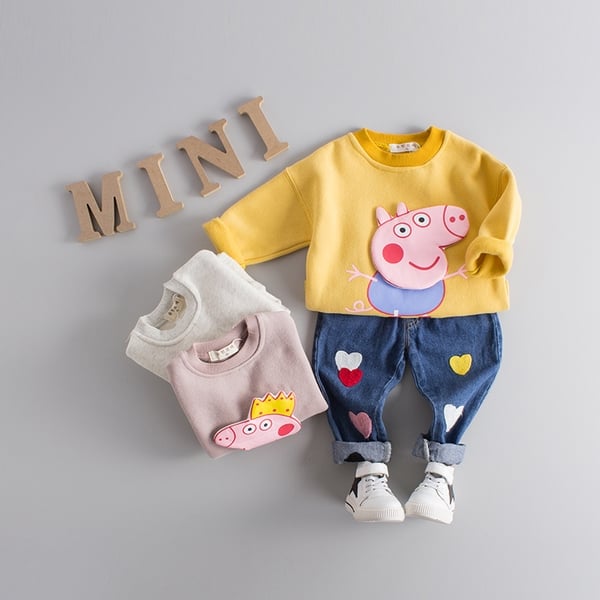 Детска блуза за момичета в жълт, розов и сив цвят с О-образно деколте с бродирано прасенце