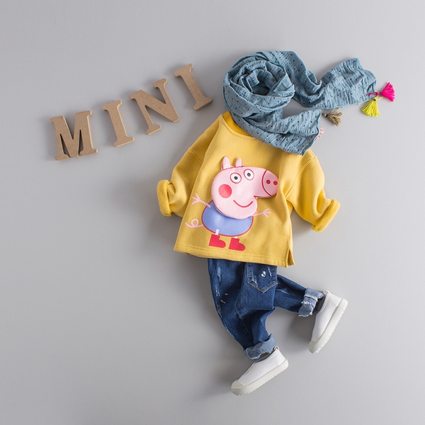 Детска блуза за момичета в жълт, розов и сив цвят с О-образно деколте с бродирано прасенце