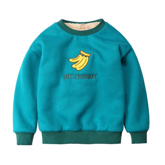 Детски суичер за момчета в червен, син, сив и тъмносин цвят с О-образна яка и декорация на морков и банан