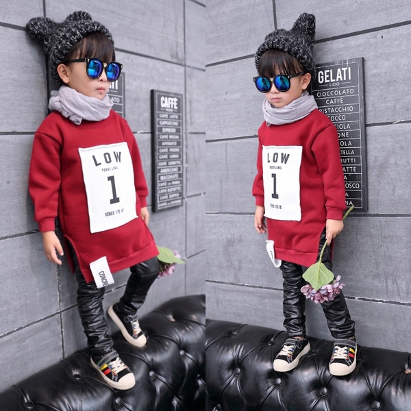 Стилен детски дълъг до коляното пуловер в червен и лилав цвят 