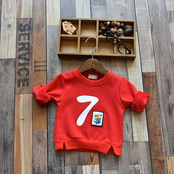 Детска кашмирена блуза за момчета и момичета с надпис "7" в светлосин, бял. червен и розов цвят