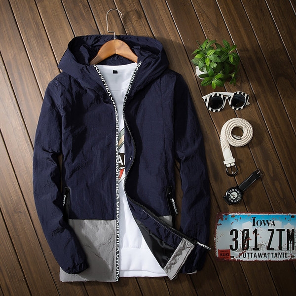 Мъжки есенни пролетни спортни якета четири цвята оранжеви черни сини сиви с качулка 