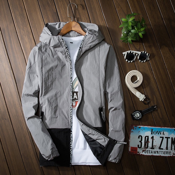 Мъжки есенни пролетни спортни якета четири цвята оранжеви черни сини сиви с качулка 