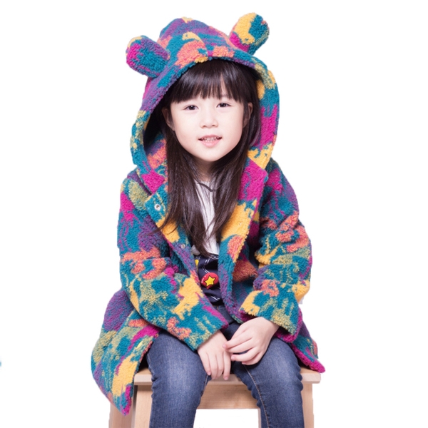 Χειμερινό  ζεστό παλτό για κορίτσια καμουφλάζ κόκκινο κυκλάμινο λευκό με κουκούλα