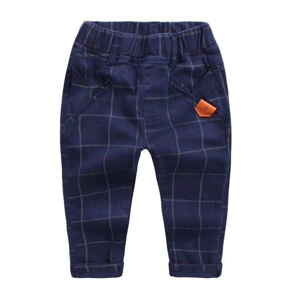 Детски тъмносини раирани панталони с ластик с джобове за момчета