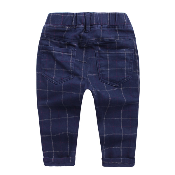 Детски тъмносини раирани панталони с ластик с джобове за момчета