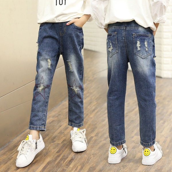 Детски дънки за момичета в няколко модела в черен, светолосин, син и тъмносин цвят - широки и тип Слим