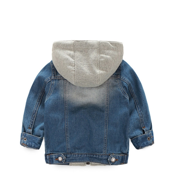 Дънково детско яке в син цвят със сива качулка за момчета 