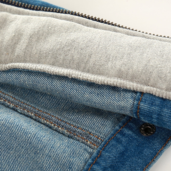 Дънково детско яке в син цвят със сива качулка за момчета 