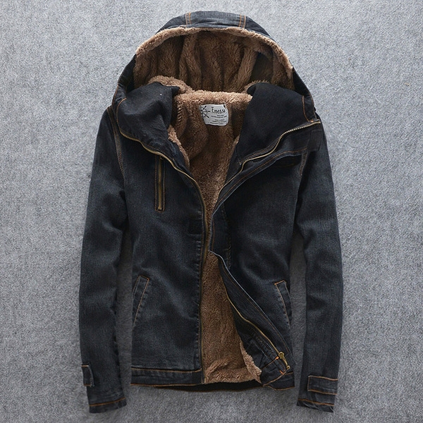 Мъжко дебело зимно дънково яке с качулка и кадифена подплата - малки и големи размери