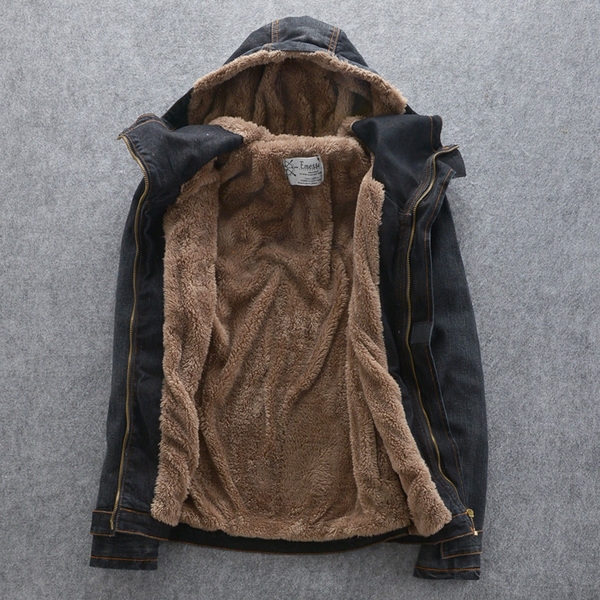 Мъжко дебело зимно дънково яке с качулка и кадифена подплата - малки и големи размери