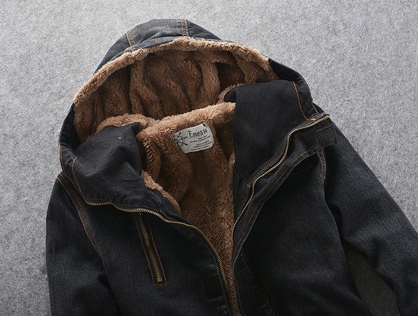 Мъжко дебело зимно дънково яке с качулка и кадифена подплата - малки и големи размери