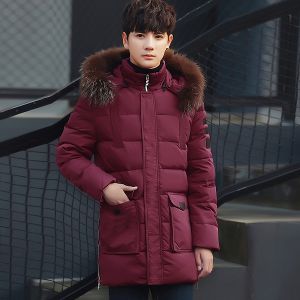 Мъжки дебели и дълги зимни якета с качулка и пух - зелени, черни, виненочервени