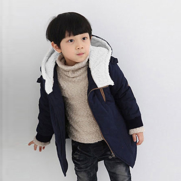 Детско дебело яке с качулка, подплатено в тъмносин и оранжев цвят