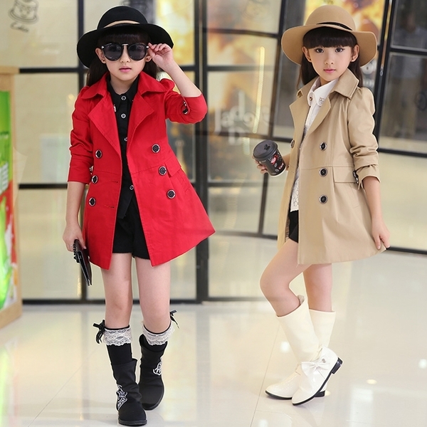 Детско палто за момичета в червен, бежов и розов цвят, средна дължина с копчета