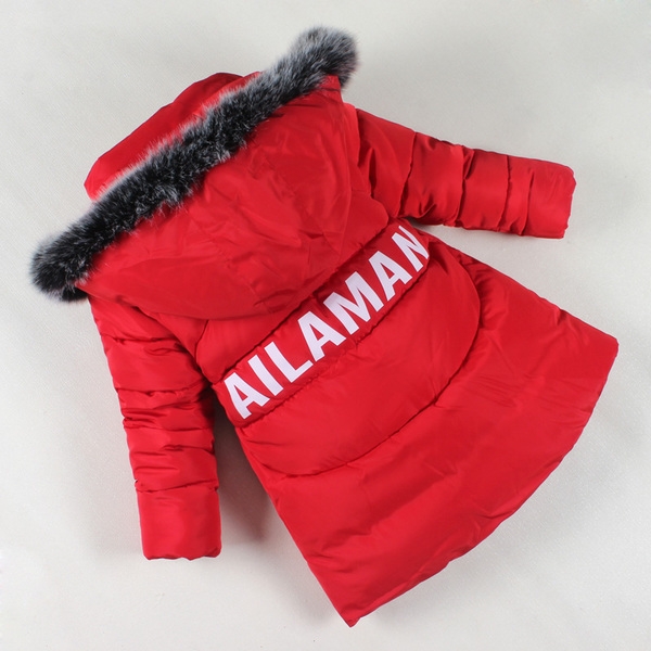 Детско подплатено яке - дълго, с качулка и пух в черен, червен, розов и сив цвят и надпис на гърба