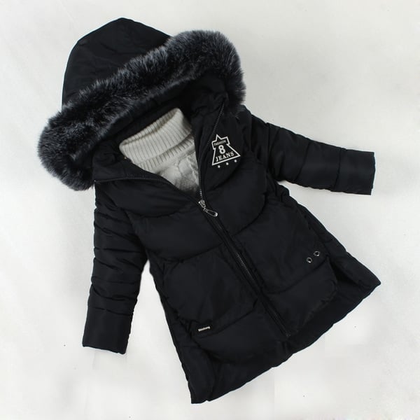 Детско подплатено яке - дълго, с качулка и пух в черен, червен, розов и сив цвят и надпис на гърба