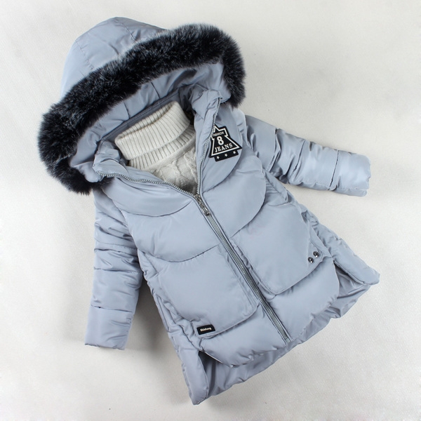 Детско подплатено яке - дълго, с качулка и пух в черен, червен, розов и сив цвят и надпис на гърба