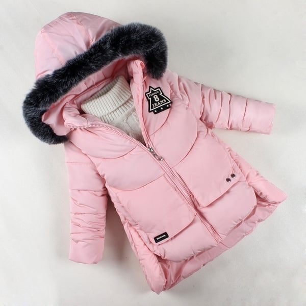 Детско подплатено яке - дълго, с качулка и пух в черен, червен, розов и сив цвят и надпис на гърба