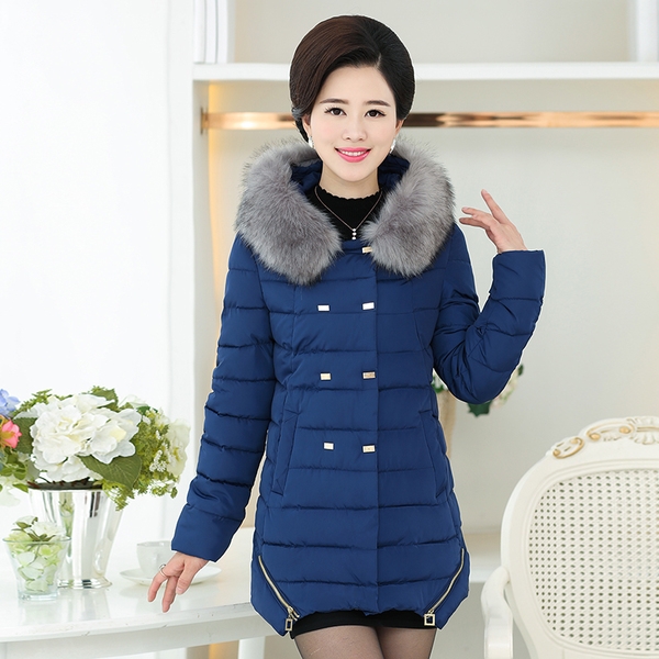 Елегантно дамско зимно яке за жени на средна възраст с пух сиво, синьо, зелено, червено модерно