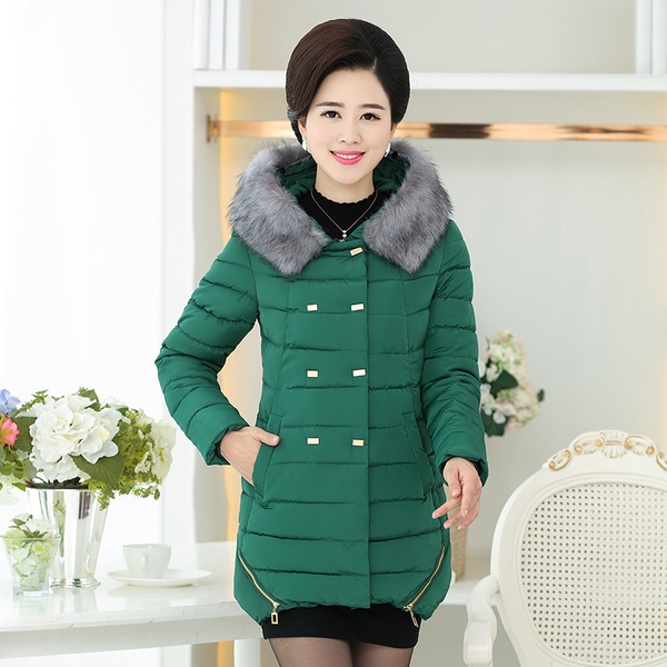 Елегантно дамско зимно яке за жени на средна възраст с пух сиво, синьо, зелено, червено модерно