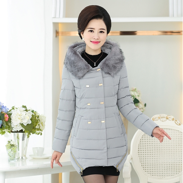 Елегантно дамско зимно яке за жени на средна възраст с пух сиво, синьо, зелено, червено модерно