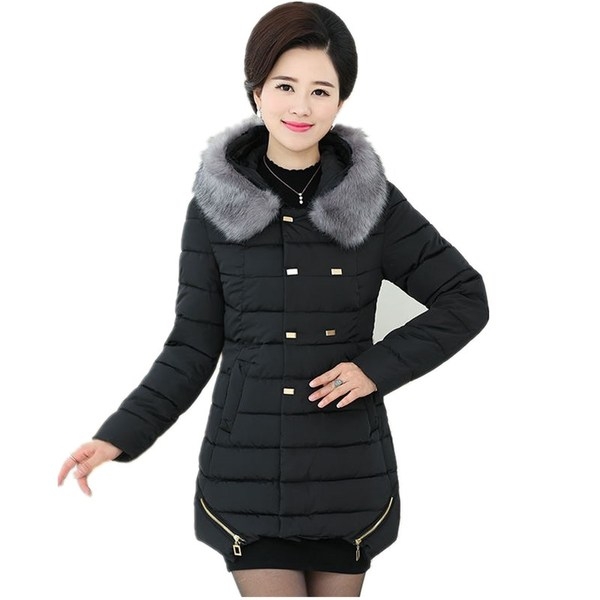 Елегантно дамско зимно яке за жени на средна възраст с пух сиво, синьо, зелено, червено модерно