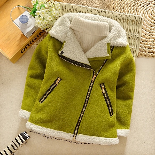 Детско дебело палто с вълнена яка в червен, тъмносин, оранжев и зелен цвят