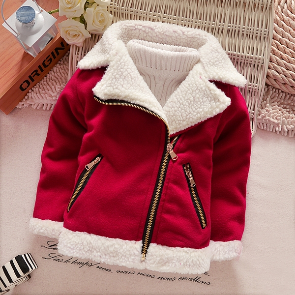 Детско дебело палто с вълнена яка в червен, тъмносин, оранжев и зелен цвят