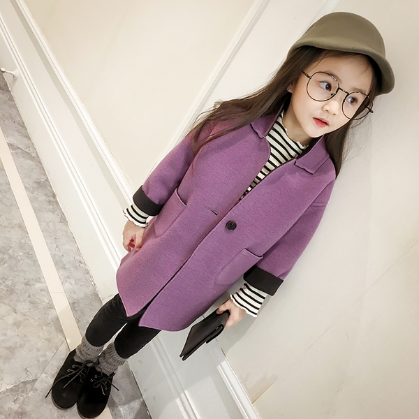 Дълго дебело детско палто за момичета с копче и джобове в 2 цвята - лилав и джинджифил