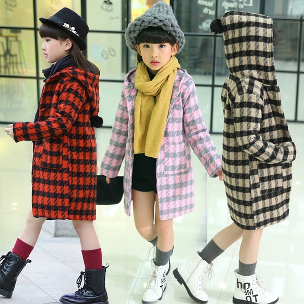 Дебело детско палто за момичета дълго до коленете на каре в бежов, бял, оранжев, червен, розов цвят