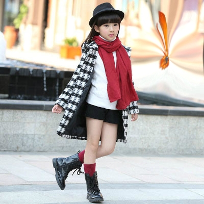 Дебело детско палто за момичета дълго до коленете на каре в бежов, бял, оранжев, червен, розов цвят