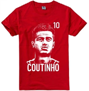 Фен памучна футболна червена, бяла, сива, черна тениска на символите на Ливърпул Клоп - The normal one, Coutinho, Klopp 