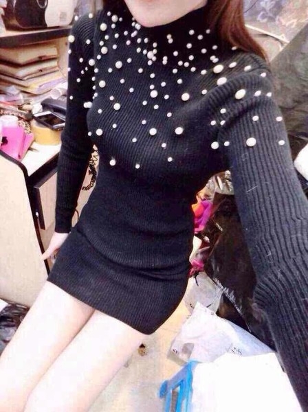 Κυρίες φόρεμα μαύρο άσπρο και ροζ με μαργαριτάρι μακριά μανίκια τυπικό μέγεθος