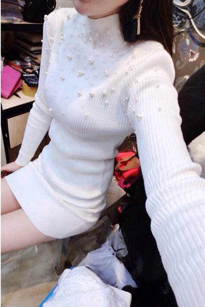 Κυρίες φόρεμα μαύρο άσπρο και ροζ με μαργαριτάρι μακριά μανίκια τυπικό μέγεθος