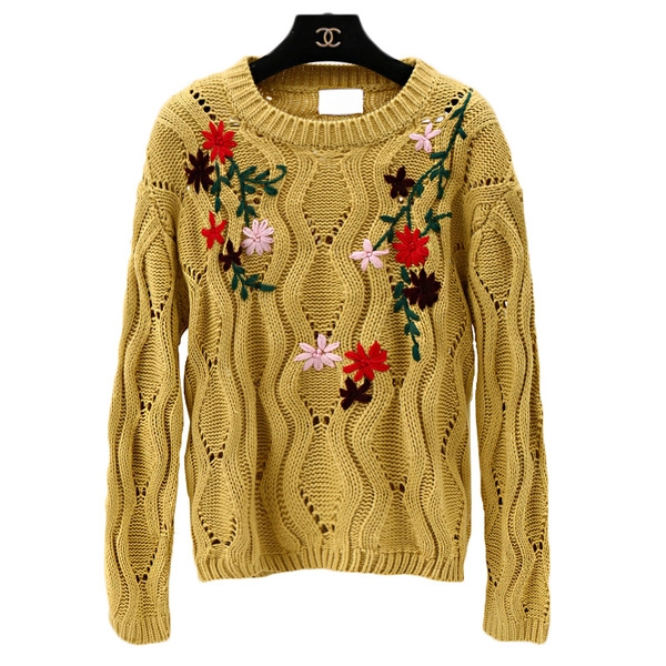 Γυναίκες πλεκτή μπλούζα με λουλούδια σε λευκό μπεζ και μαύρο