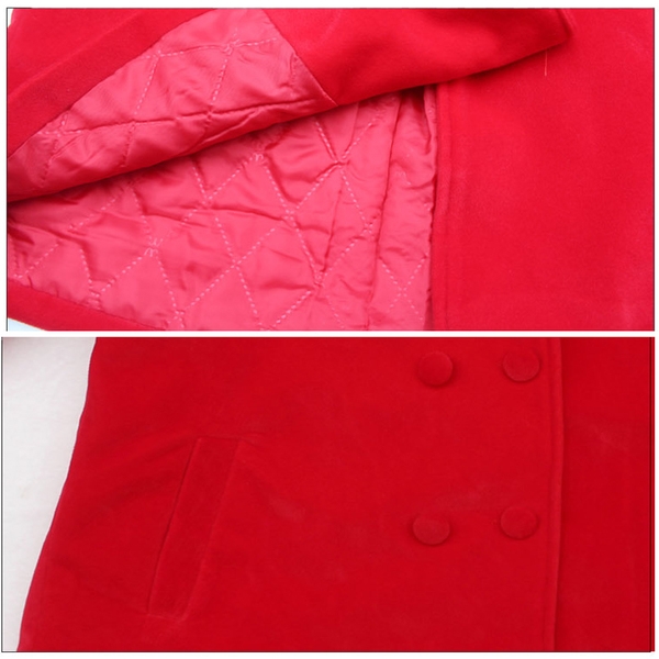 Παιδικό χοντρό παλτό για κορίτσια σε κόκκινο χρώμα - με γούνα και κορδέλα στη πλάτη και διπλή σειρά από κουμπιά