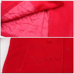 Детско дебело палто за момичета в червен цвят - дълго с пух и панделка на гърба и двоен ред копчета