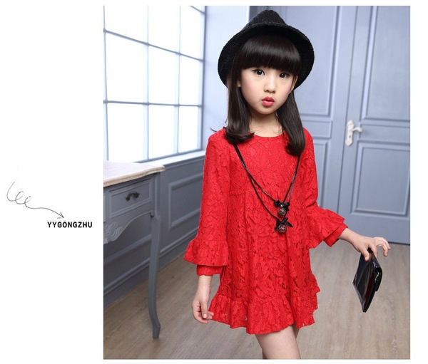 Παιδικό φθινόπωρο-χειμώνα φορέματα με δαντέλα - ροζ, κόκκινο, μαύρο.