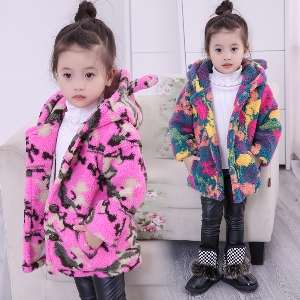 Дебело детско палто за момичета - в розов и син цвят с качулка и ушички на качулката