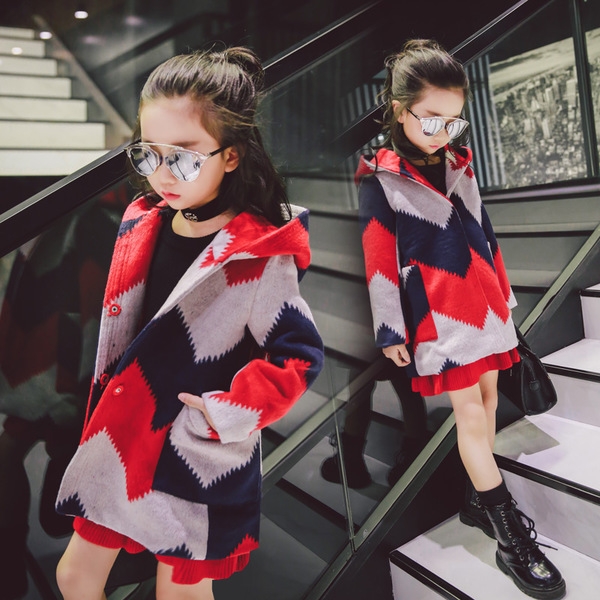 Μακρύ παλτό για κορίτσια με κόκκινο και γκρι χρώμα, με κουκούλα και κουκούλα στην κουκούλα