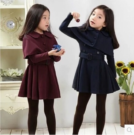 Дълго детско палто за момичета в бордо и тъмносин цвят, с колан и разкроено