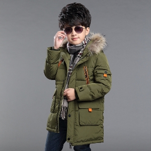 Μακρύ χειμωνιάτικο μπουφάν για αγόρια με κουκούλα και γούνα, σε μαύρο, κόκκινο και πράσινο χρώμα