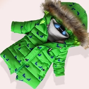 Дебело зимно яке за момчета и момичета - дълго, с качулка и с пух, с картинки на очи, в зелен, черен и светлосин цвят